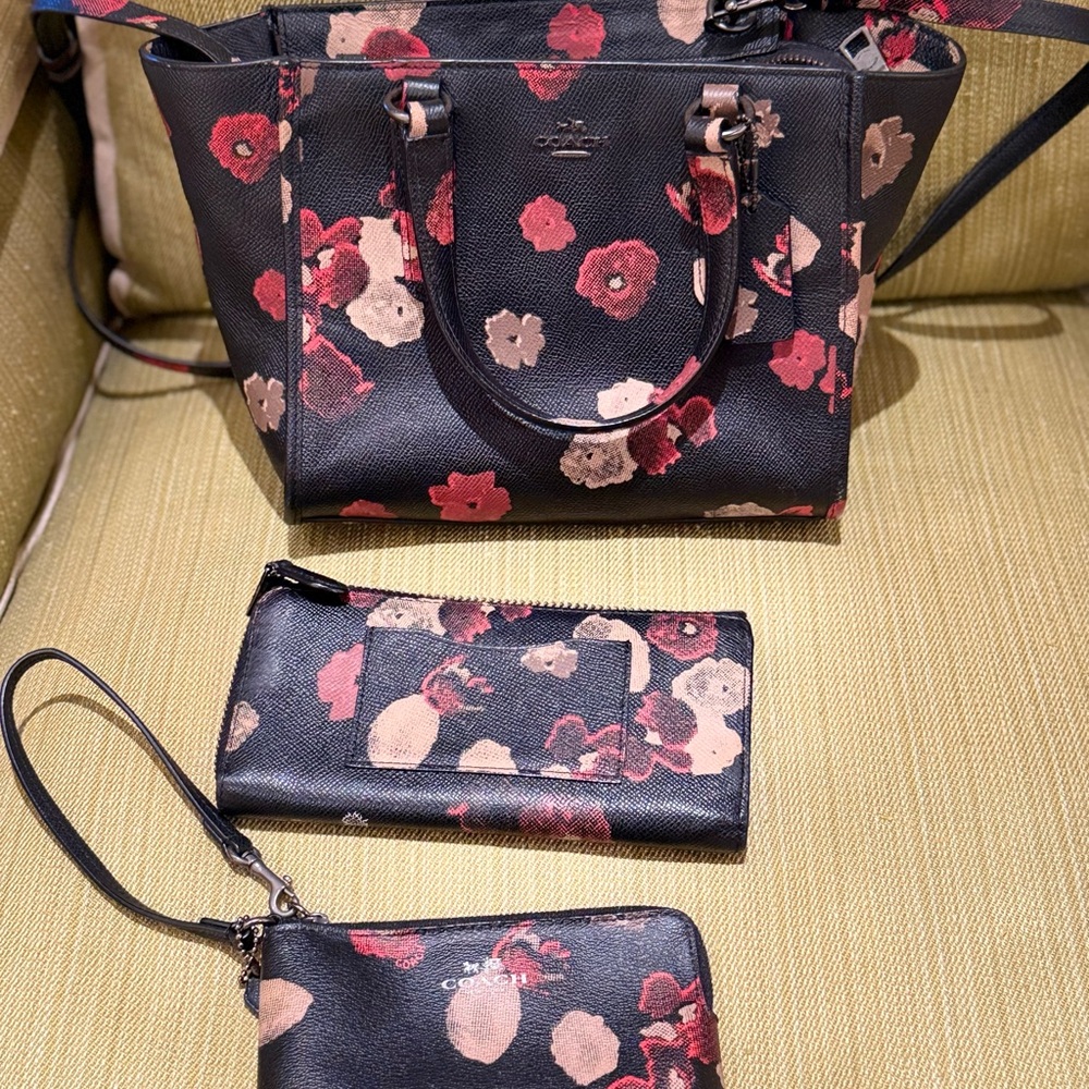 Coach 3 piece set of bags black with flowers